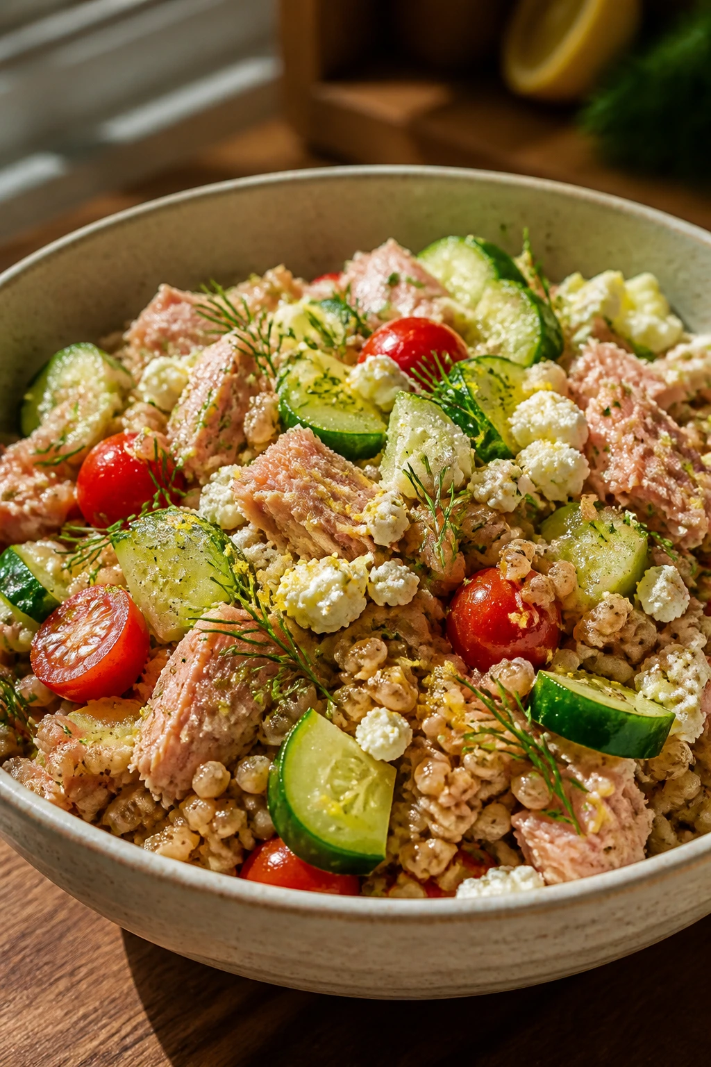 Close-up of Farro Tuna Bowl with Cucumber and Feta featuring farro, tuna, cucumber, feta, dill, and lemon.