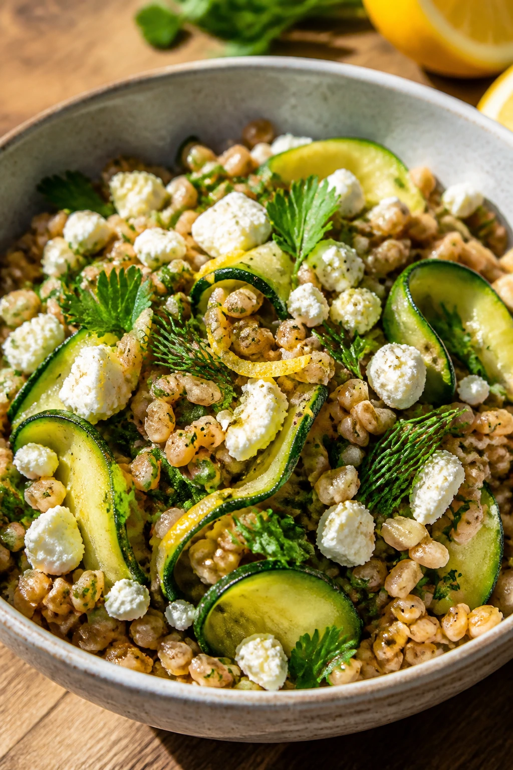 Close-up of Farro Salad with Zucchini and Herbs in a bowl.