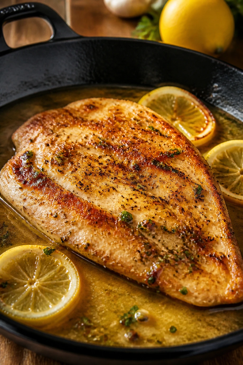 Close-up of a fast-cooking chicken cutlet with crisp crust in skillet