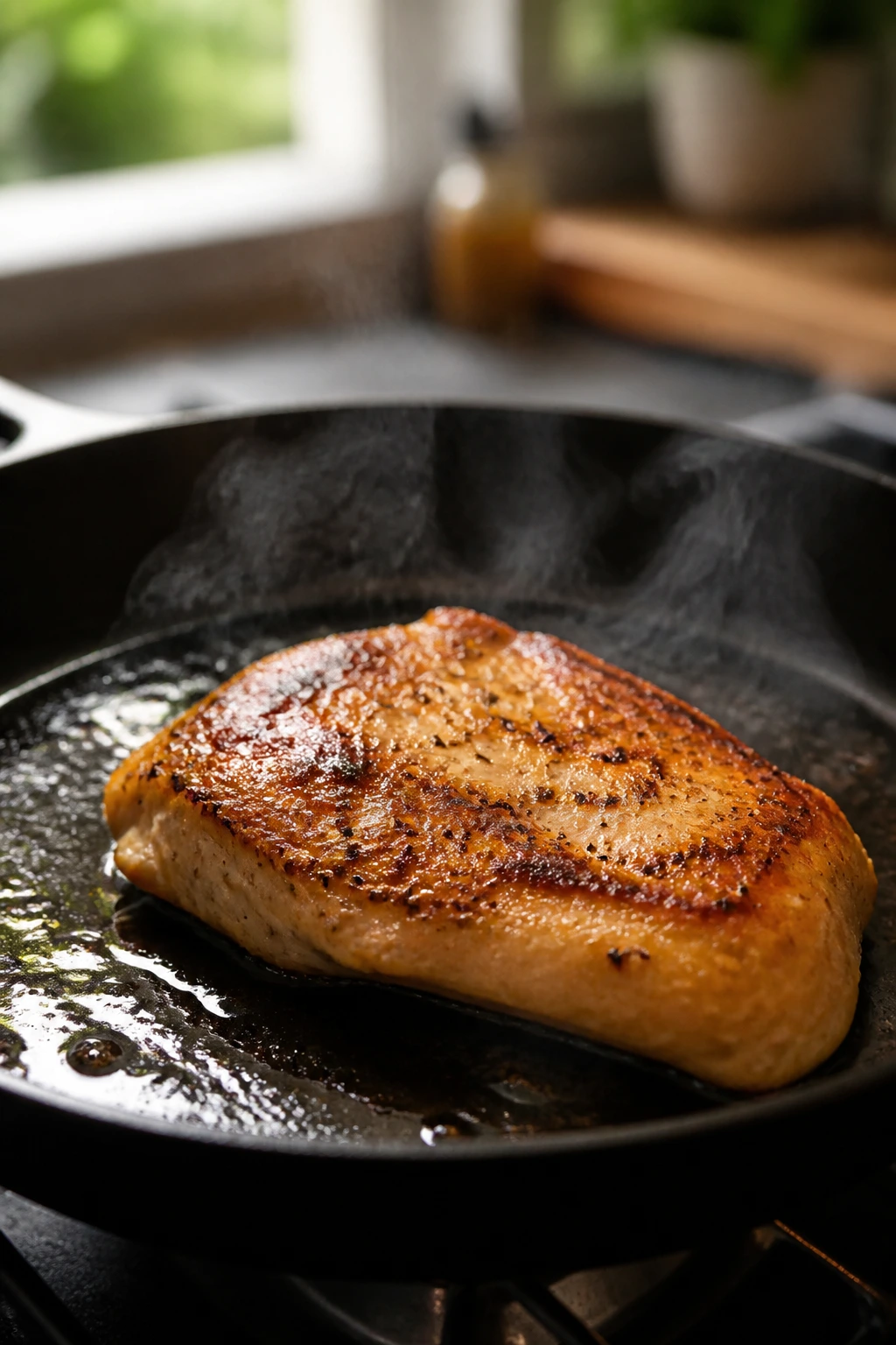 Chicken cutlet browning in hot skillet with steam