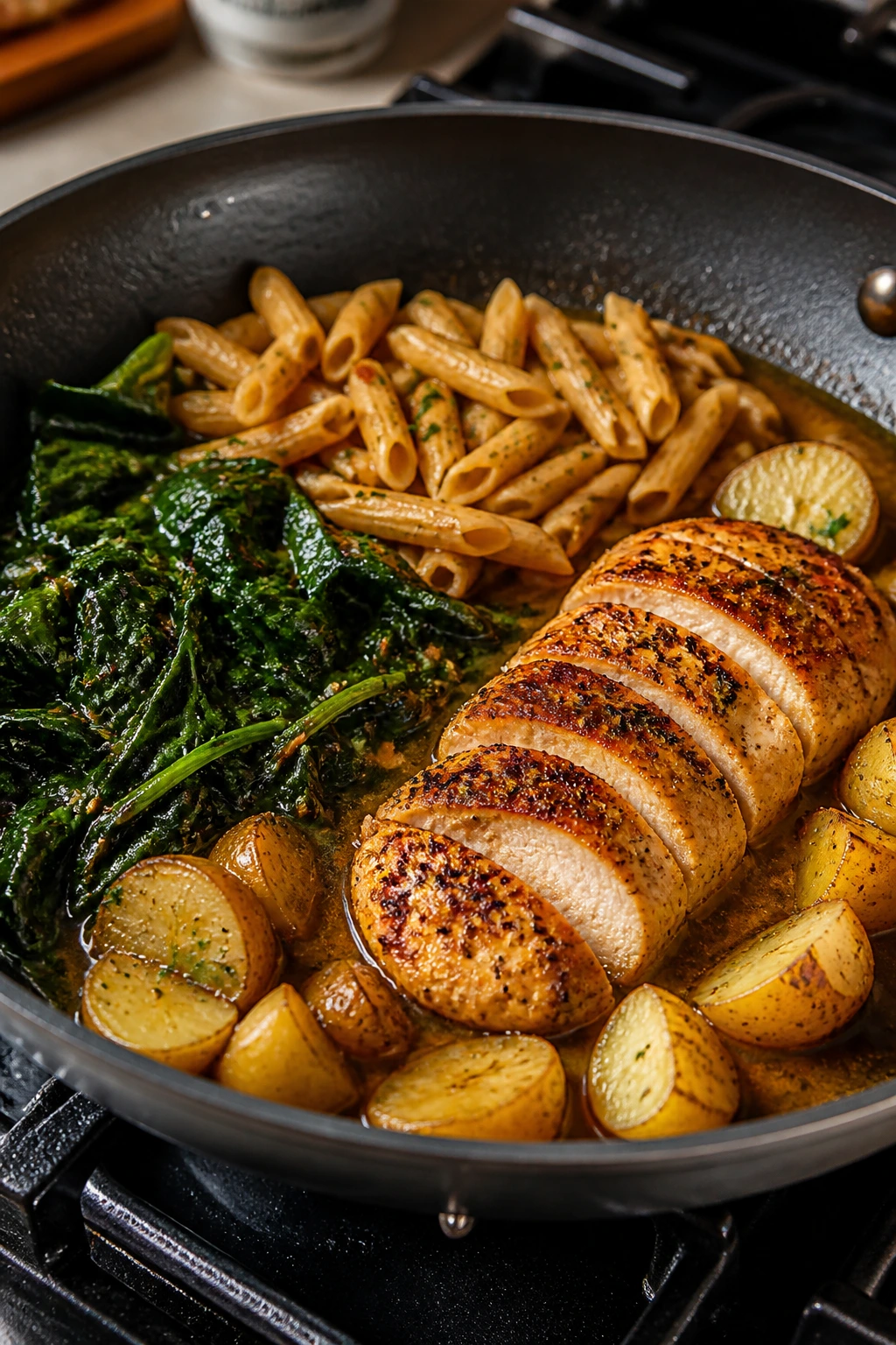 Skillet dinner illustrating a fast dinner formula with protein starch vegetable and sauce