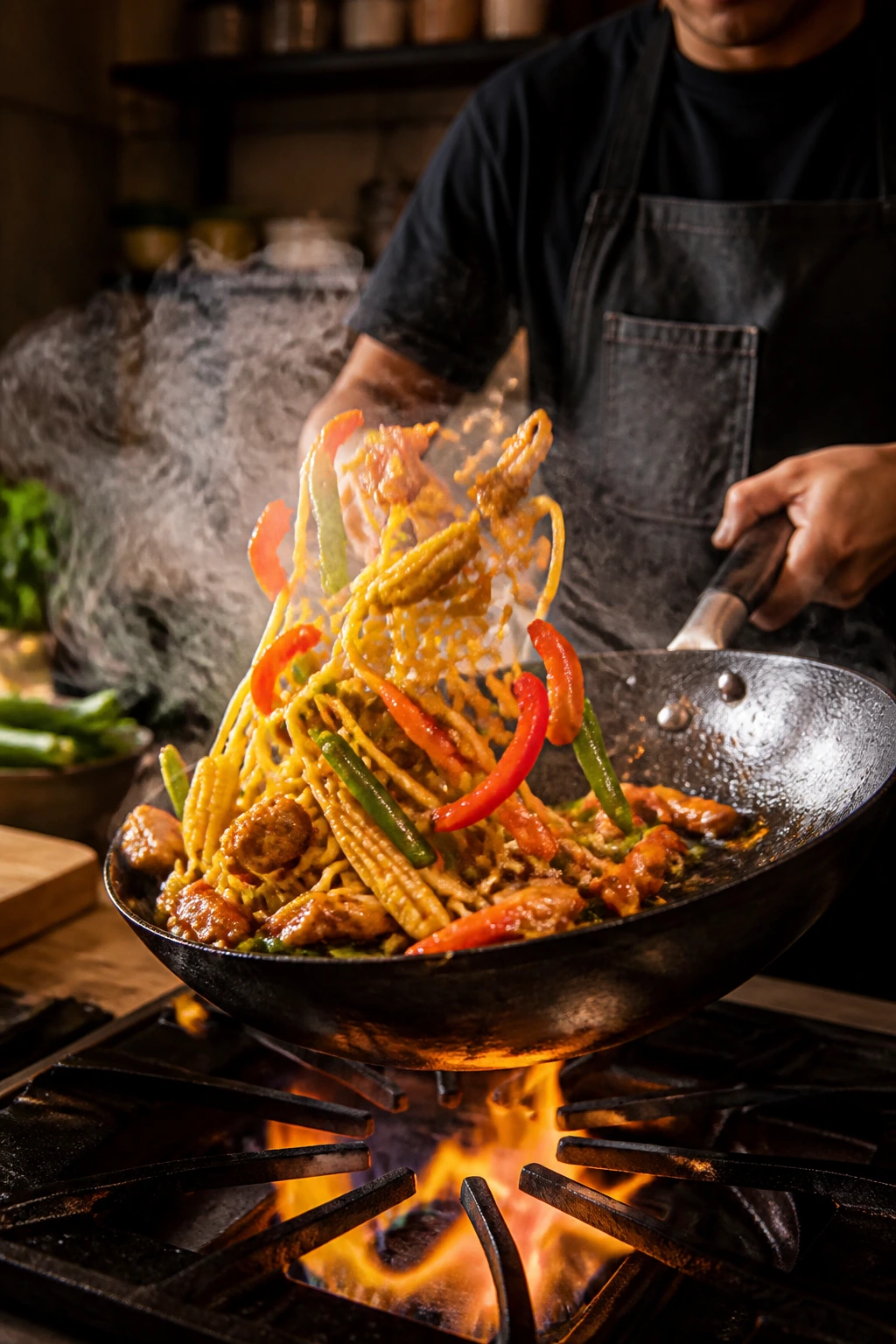 Home cook tossing noodles in a pan with steam rising in a warm kitchen