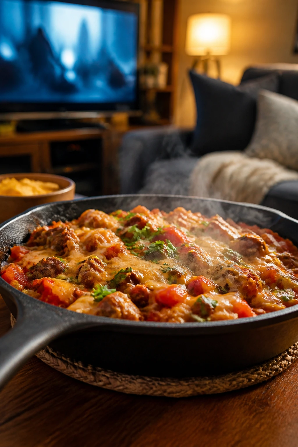 Skillet with a fast dinner on a coffee table for movie night.