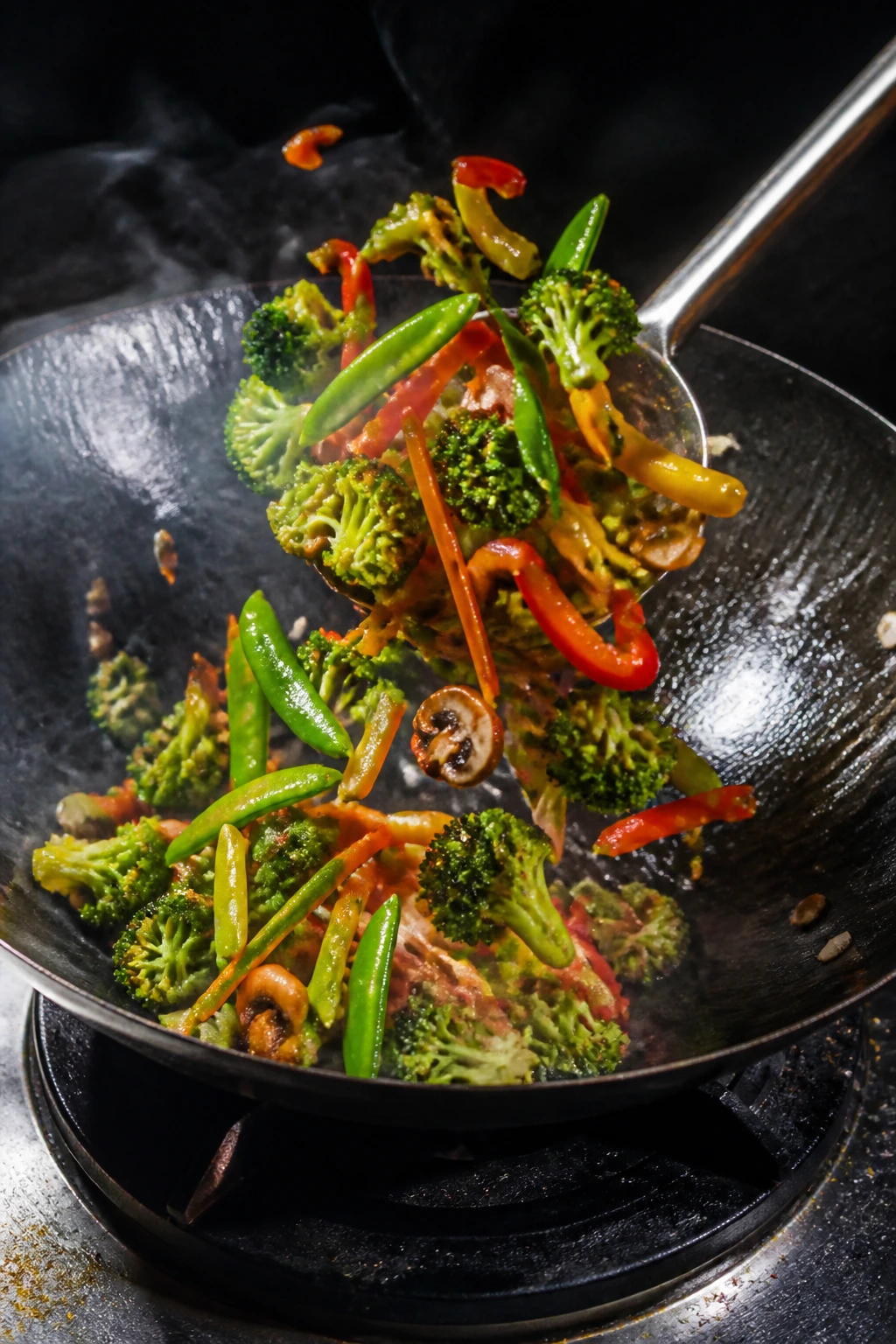 Vegetables tossed in a hot wok with steam to keep them crisp