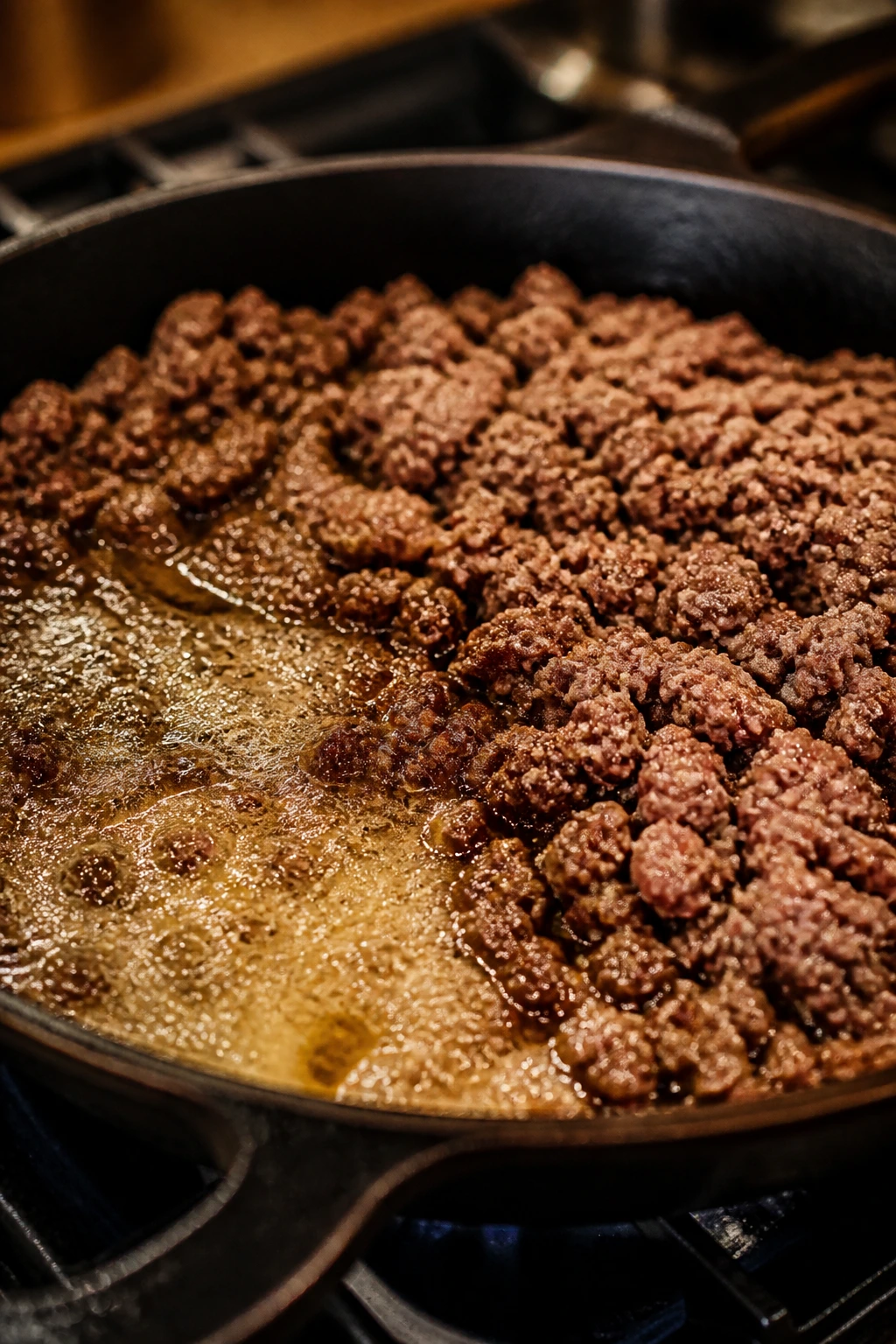 Close-up of ground beef in a pan showing fat rendering differences