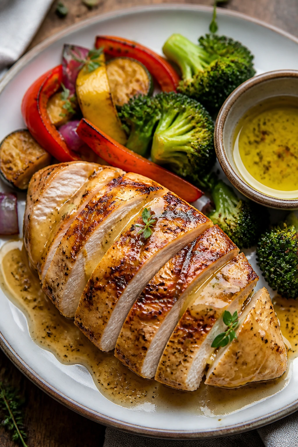 Plate with a light sauce drizzle enhancing flavor without excess calories.