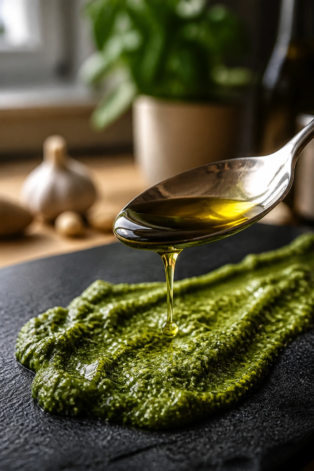 Close-up of olive oil and pesto on slate, finishing fats and sauces.