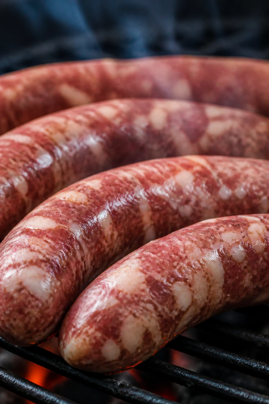 Marbled pork sausages on a grill with subtle smoke