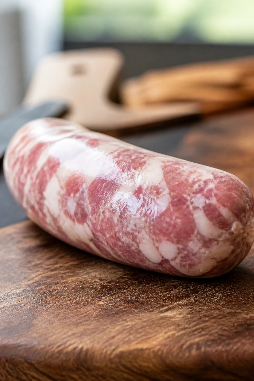 Raw fatty pork sausage link with visible marbling on cutting board