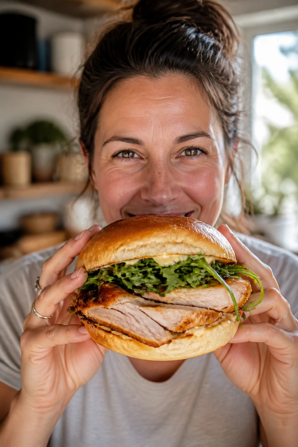 Happy person with roasted chicken sandwich in a warm kitchen