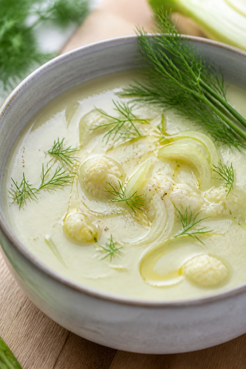 Fennel-forward cauliflower soup with fennel fronds in a bowl