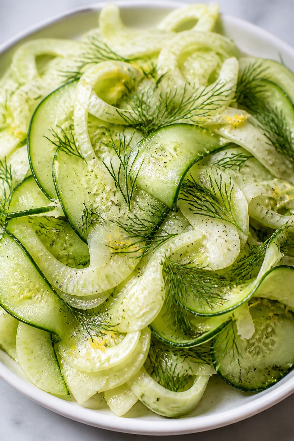 Close-up of Shaved Fennel, Cucumber, and Dill Salad with Lemon
