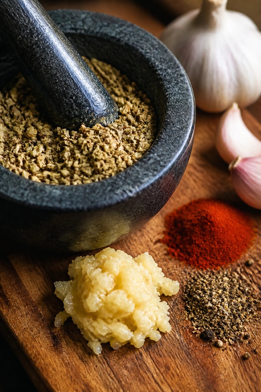 Crushed fennel seeds with garlic paste and paprika on wood board