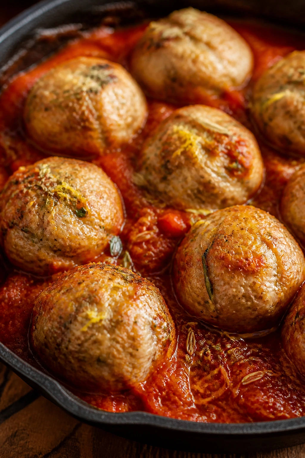 Close-up fennel and lemon meatballs in tomato sauce