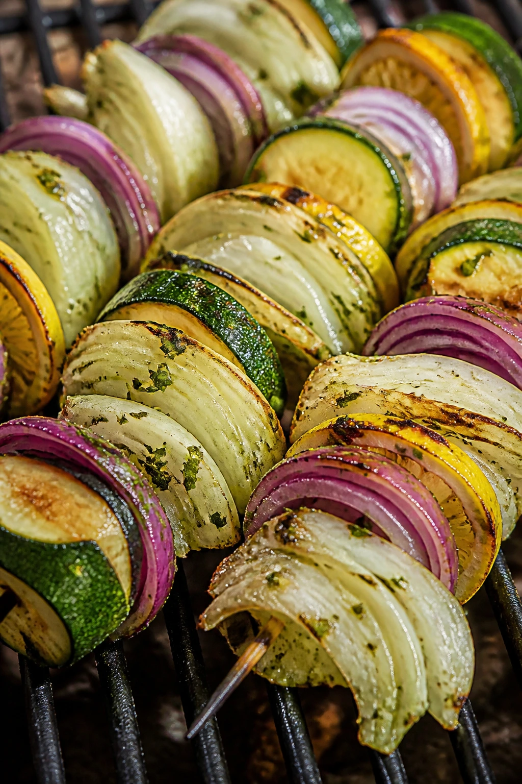 Close-up of fennel, onion, and zucchini skewers on a grill with lemon herb glaze