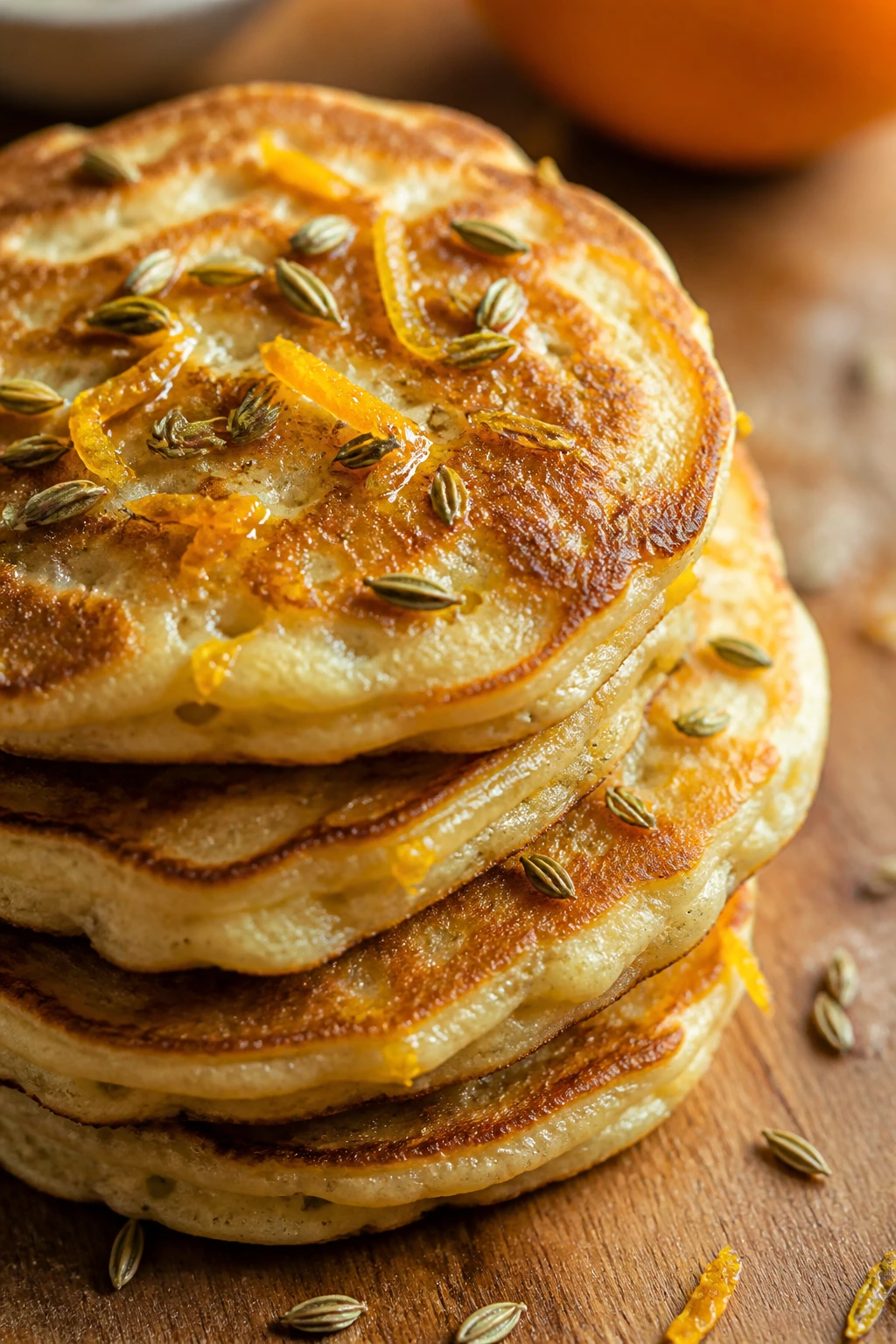 Close-up of Fennel Orange Pancakes with orange zest and fennel seeds