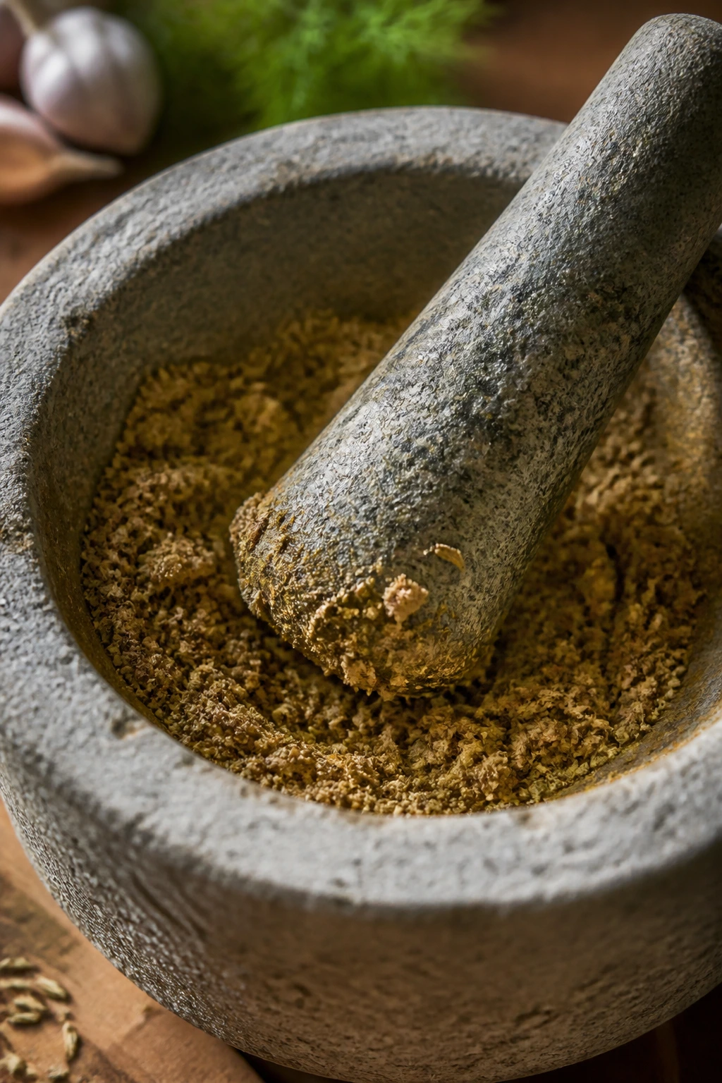 Close-up of crushed fennel seeds forming a seasoning paste in a mortar