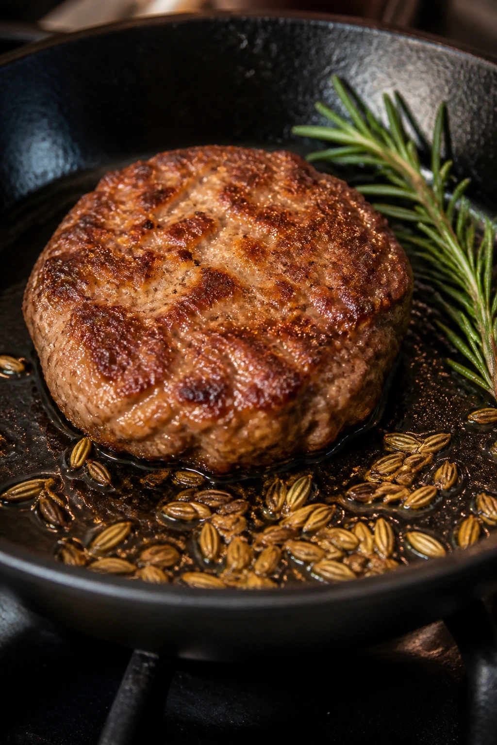 Sausage patty in skillet with fennel seeds and rosemary