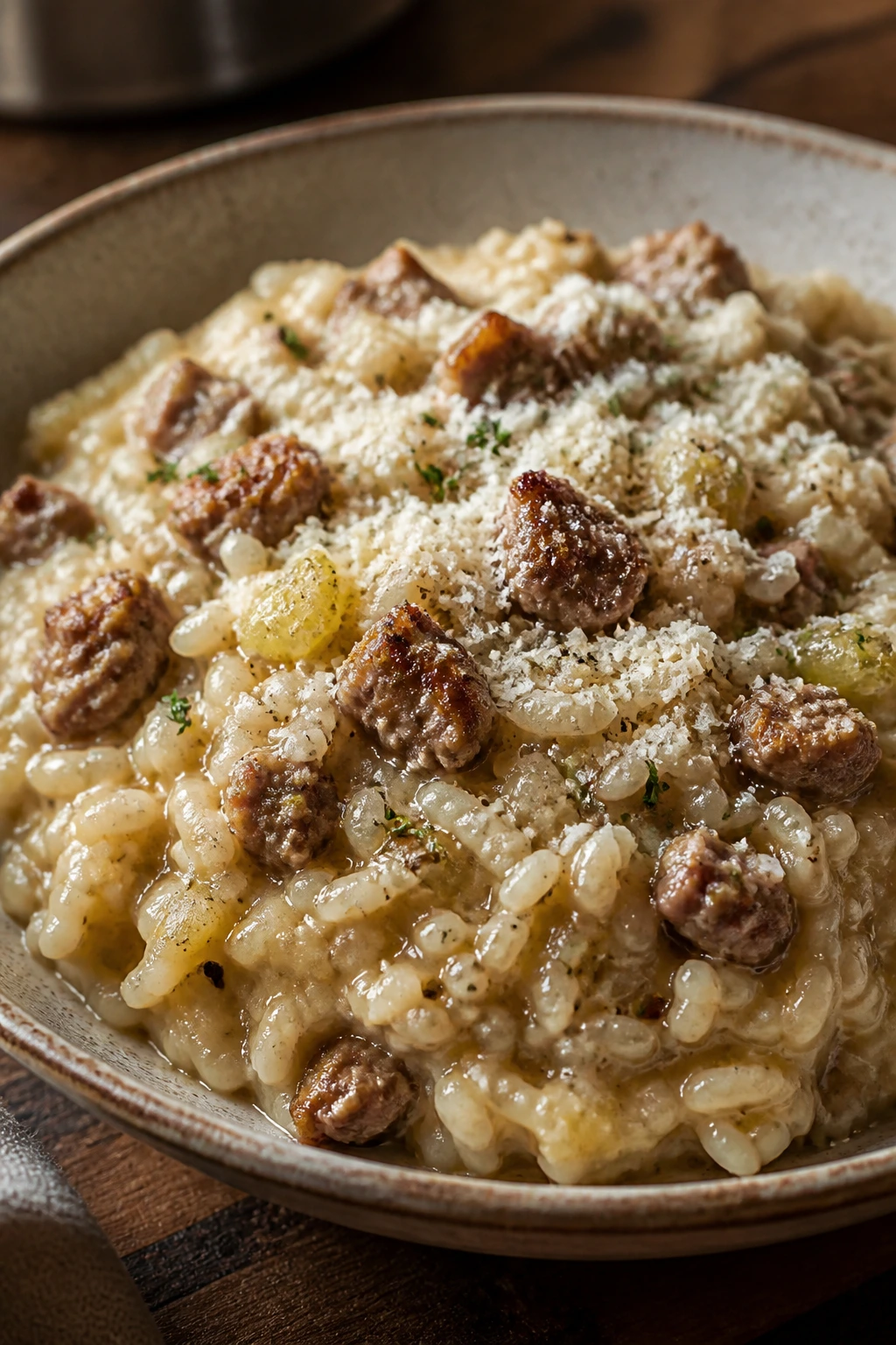 Creamy fennel sausage risotto in a shallow bowl with parmesan on a wooden table