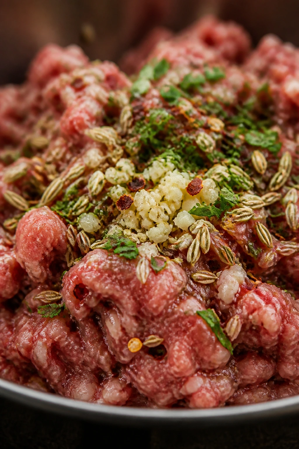 Macro view of sausage mixture showing fennel, red pepper, garlic, and herbs