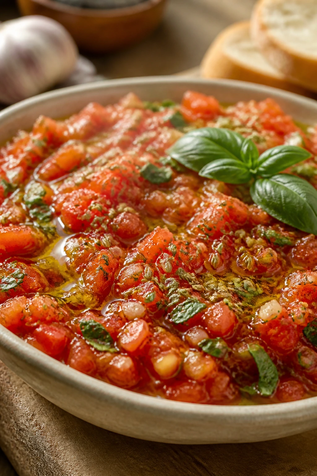 Bright fennel-scented tomato bruschetta dip in a bowl with basil
