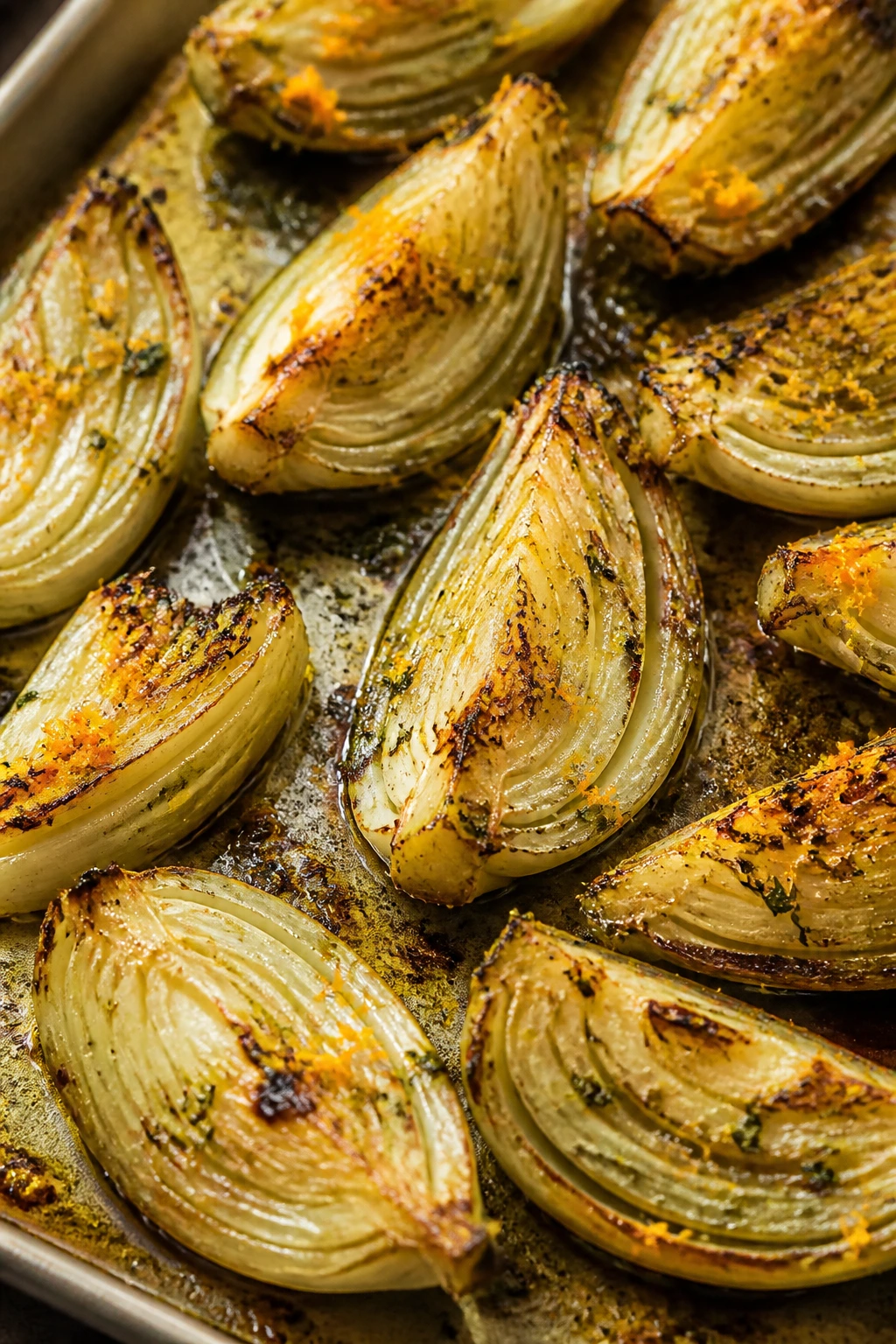 Close-up of orange fennel wedges with zest on a baking sheet