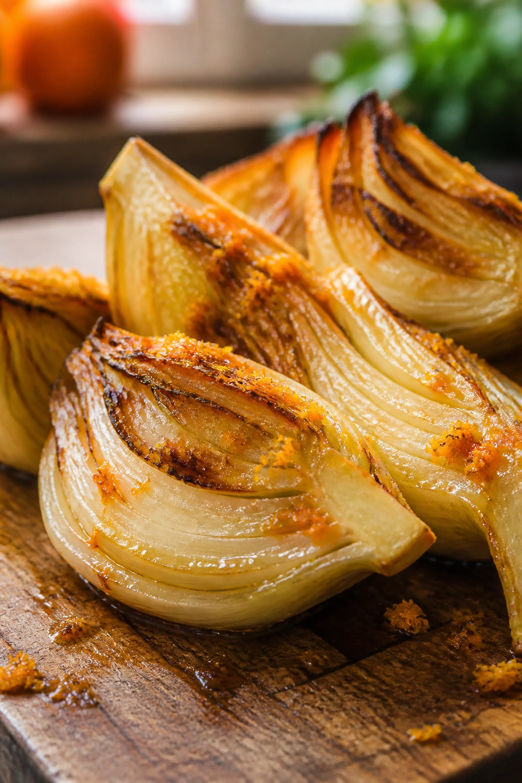 Bronzed orange fennel wedges with citrus zest on a wooden board in a warm kitchen