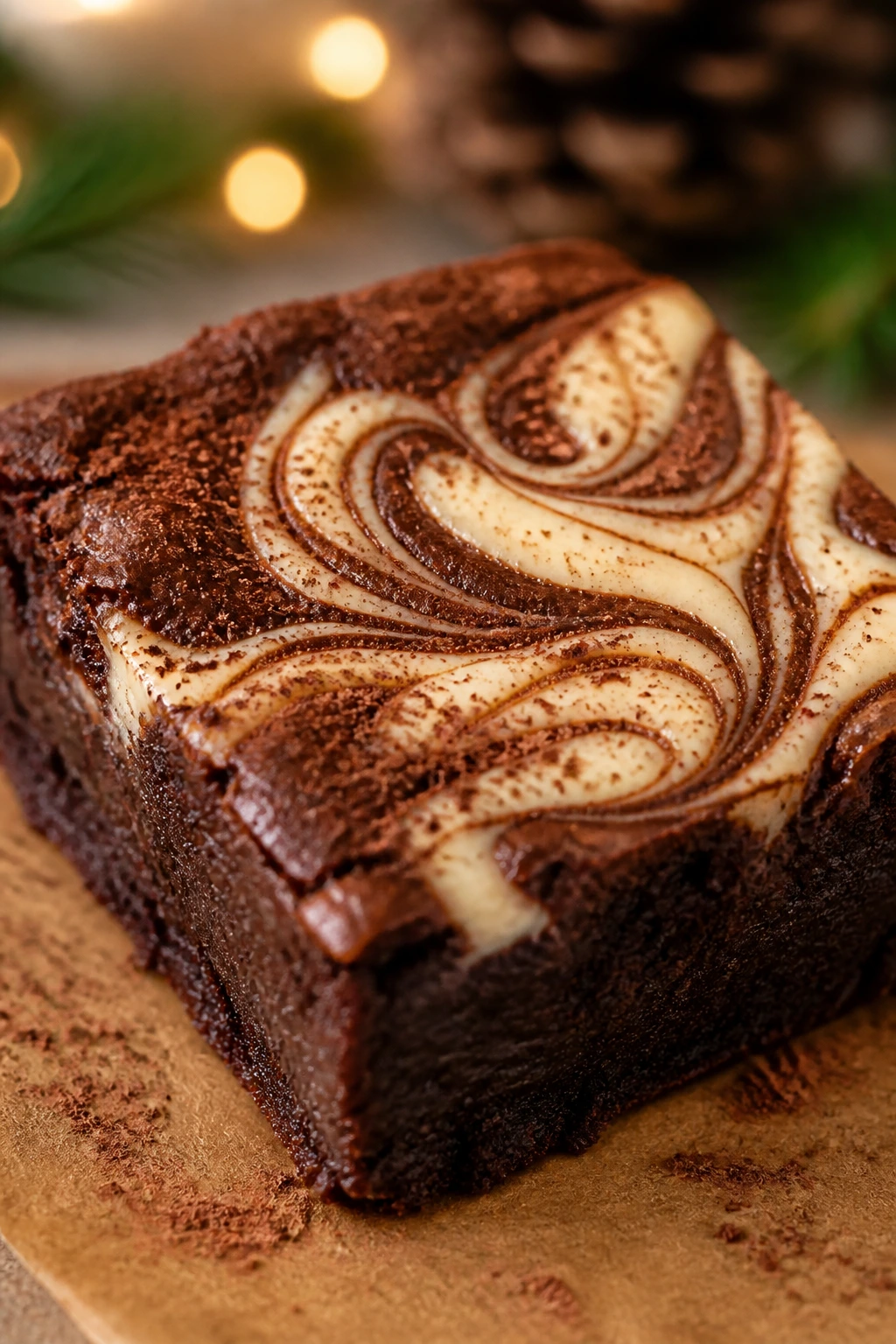 Close-up of festive brownie with cream cheese swirl and cocoa dusting