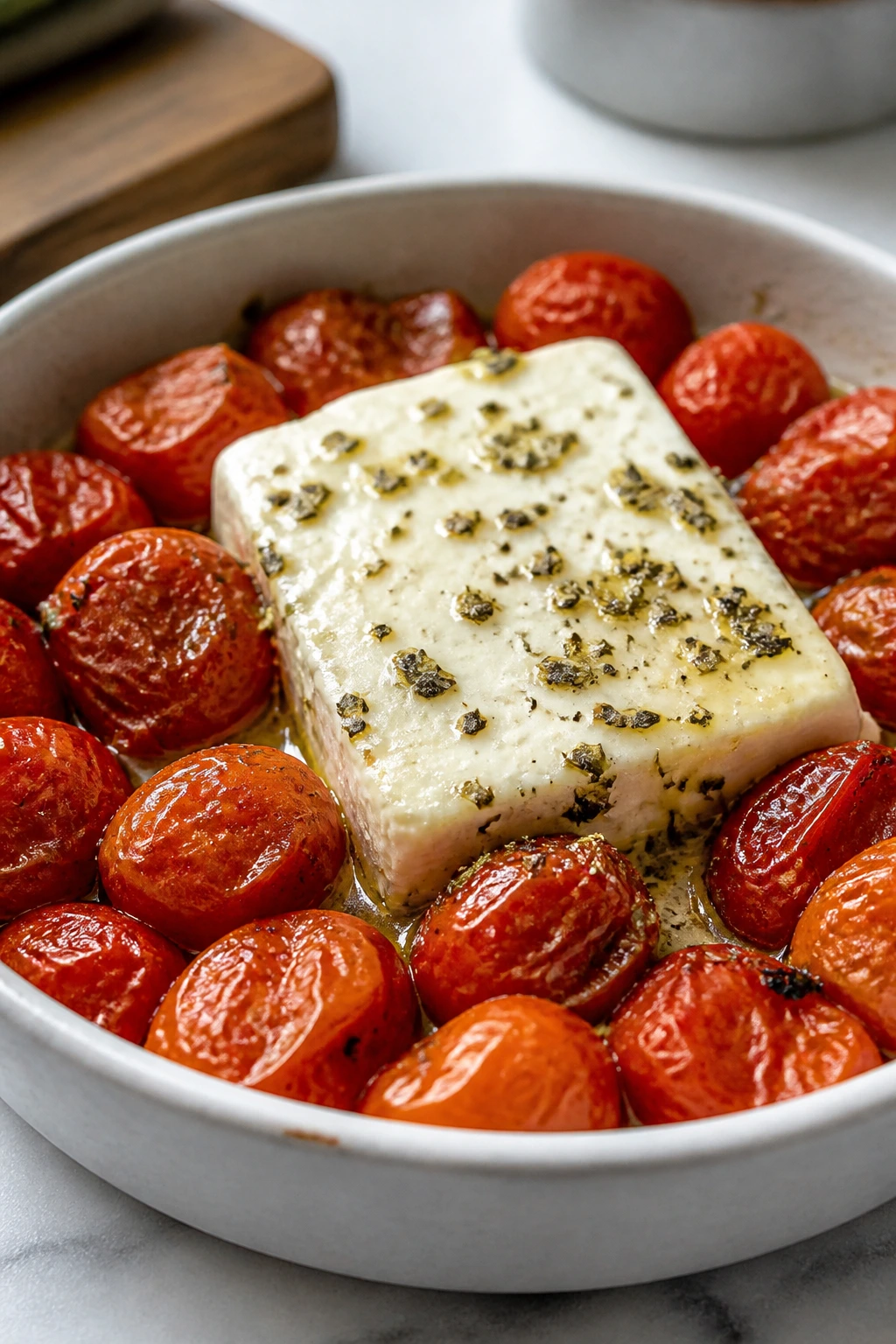 Close-up of feta and bursting cherry tomatoes on a small dish