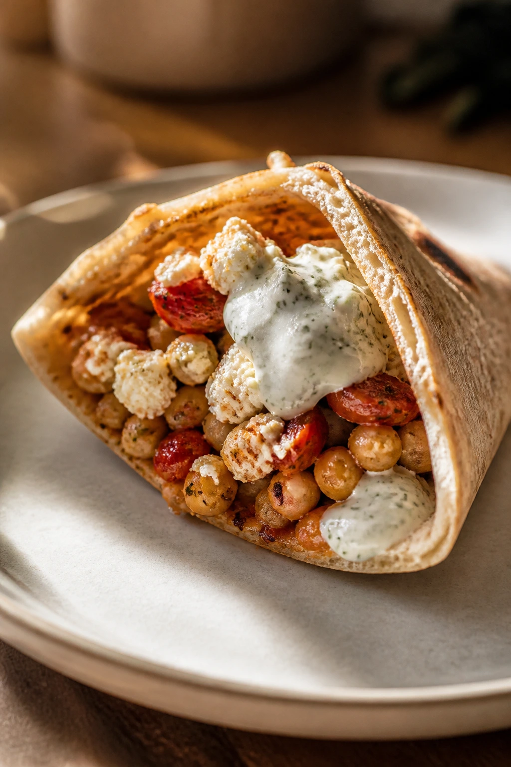 Pita stuffed with feta and chickpeas with herb yogurt on the side