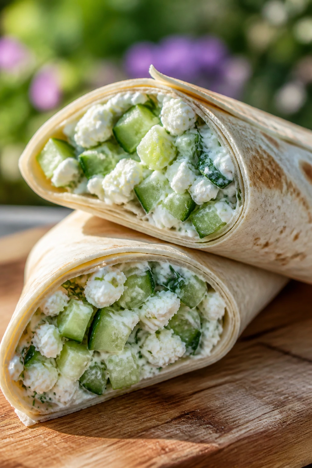 Close-up wedge of Feta Cucumber Dill Wrap on board outdoors