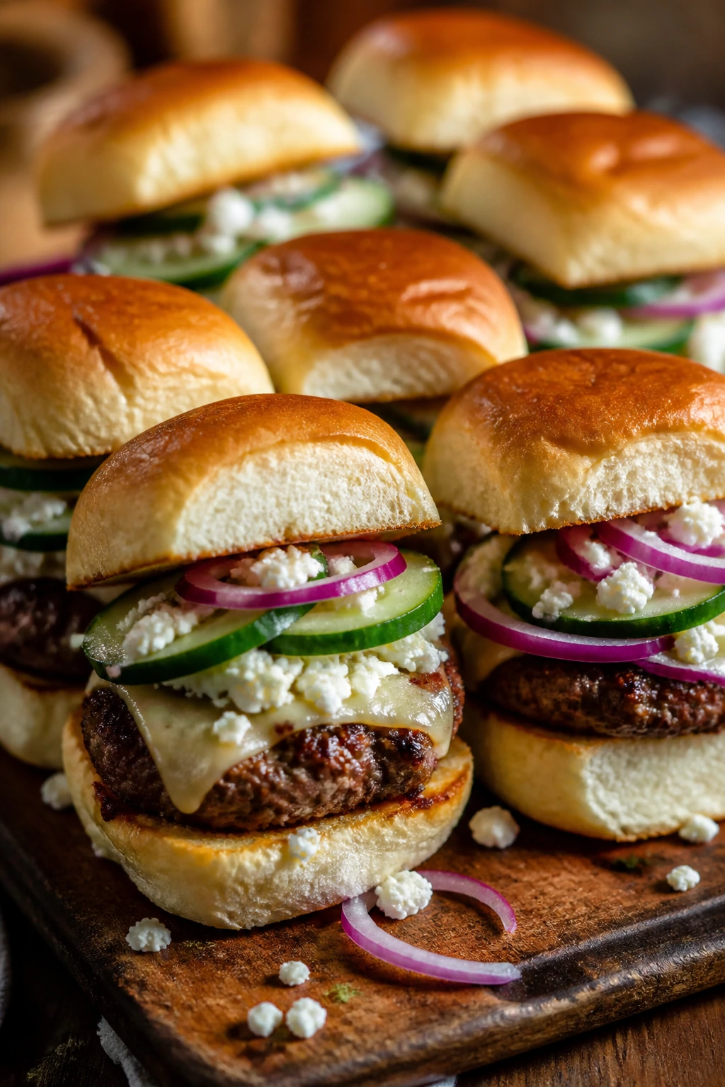 Close-up of feta-crusted Greek cheeseburger sliders on rustic board