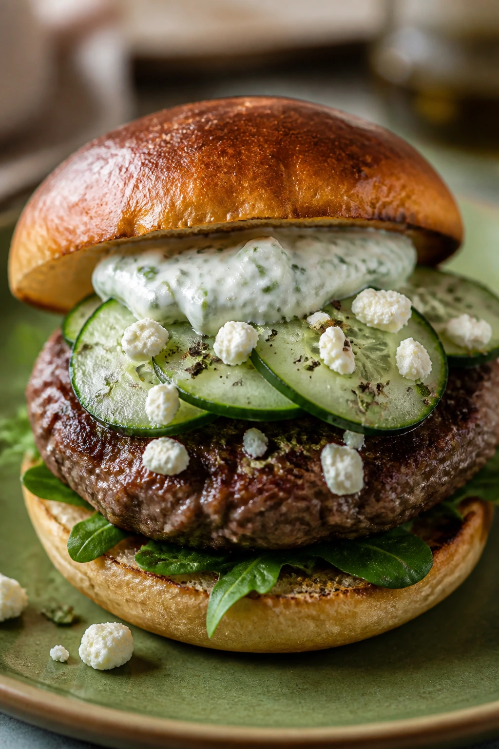 Beef burger with feta and cucumber topping close-up