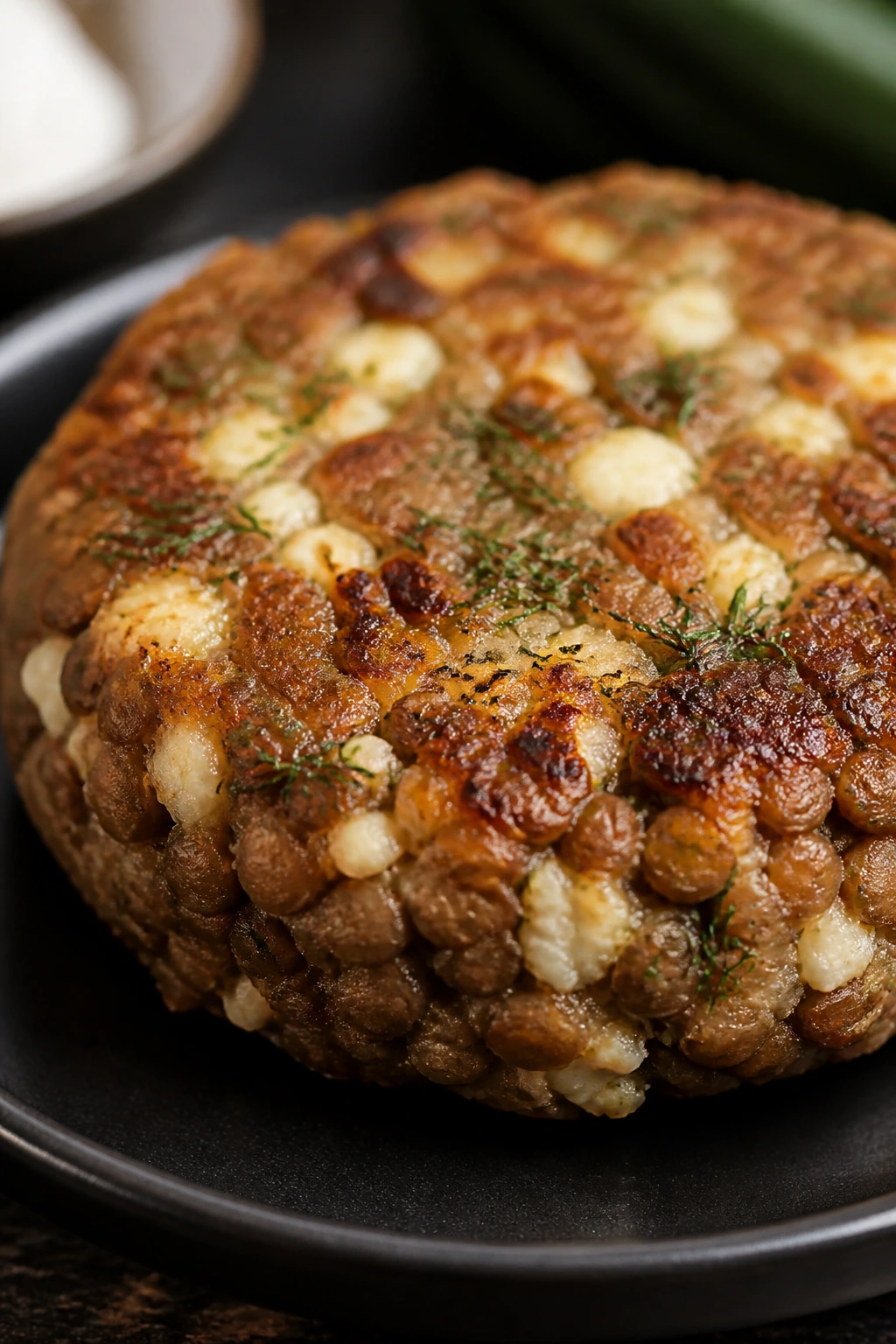 Close-up of feta-dill-lemon lentil burger patty