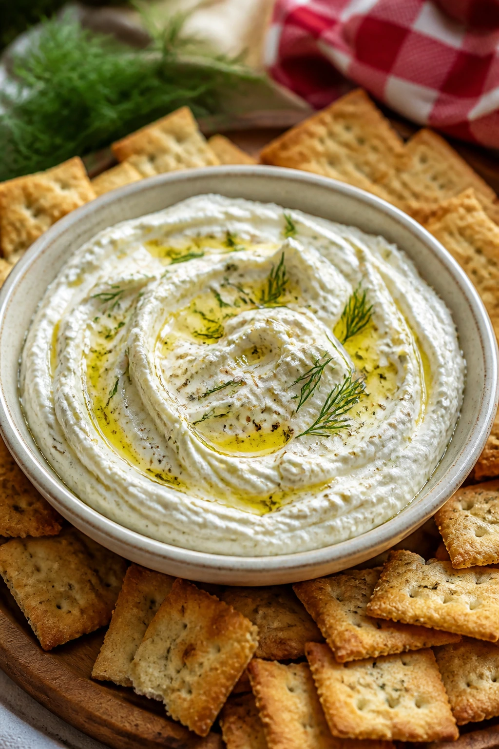 Whipped feta dip with crackers on wooden board