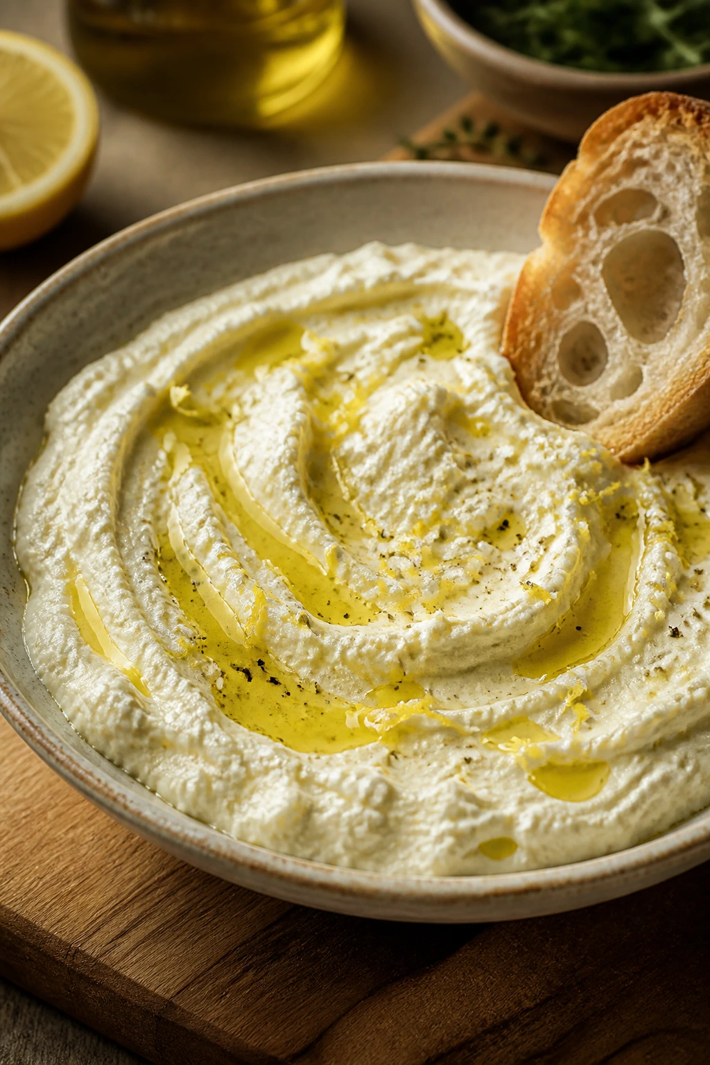 Whipped feta with lemon and olive oil in a rustic bowl