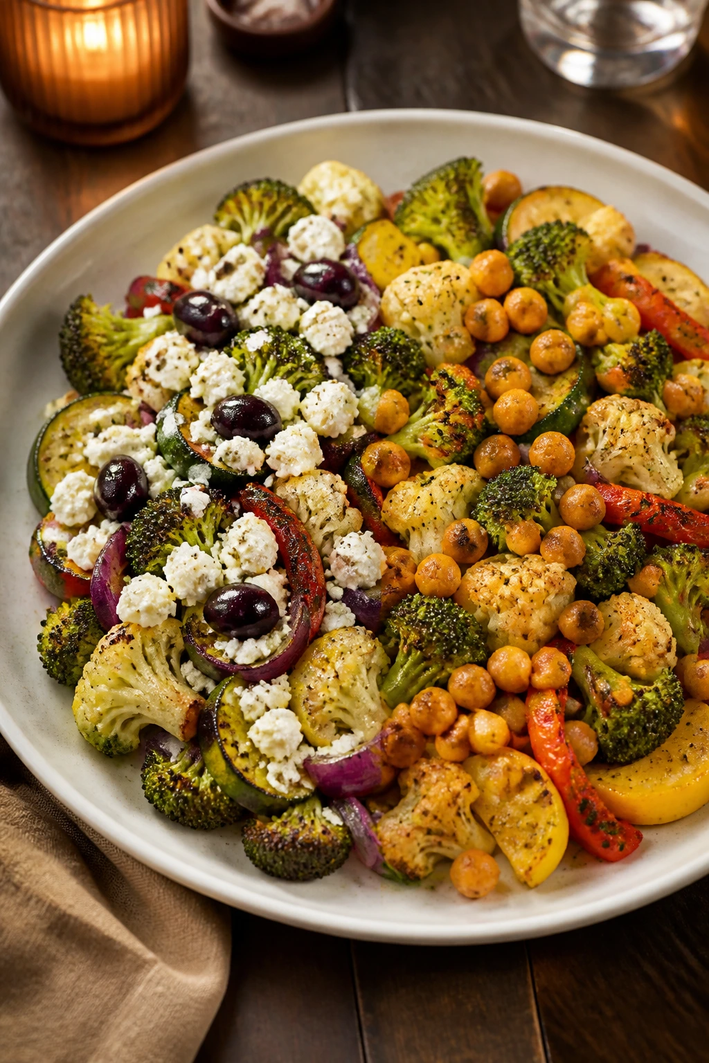 Roasted vegetable medley with feta-and-olive topping on one side and chickpeas on the other