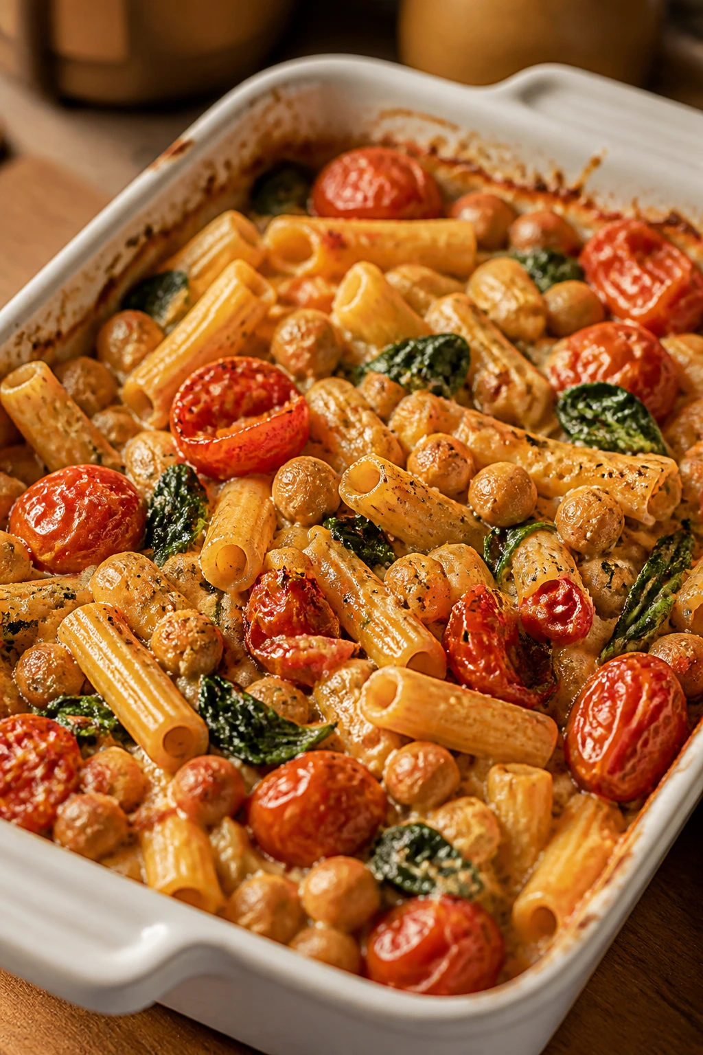 Close-up of baked feta pasta with chickpeas and tomatoes in a baking dish