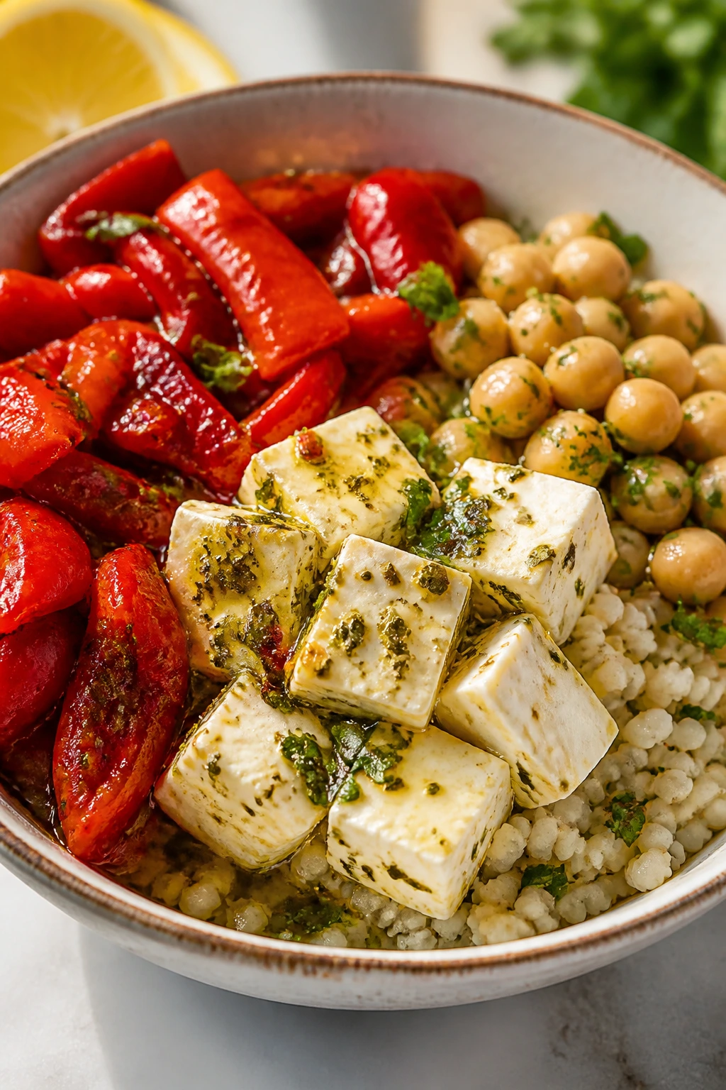 Close-up of marinated feta with peppers, chickpeas, and couscous in a bright bowl