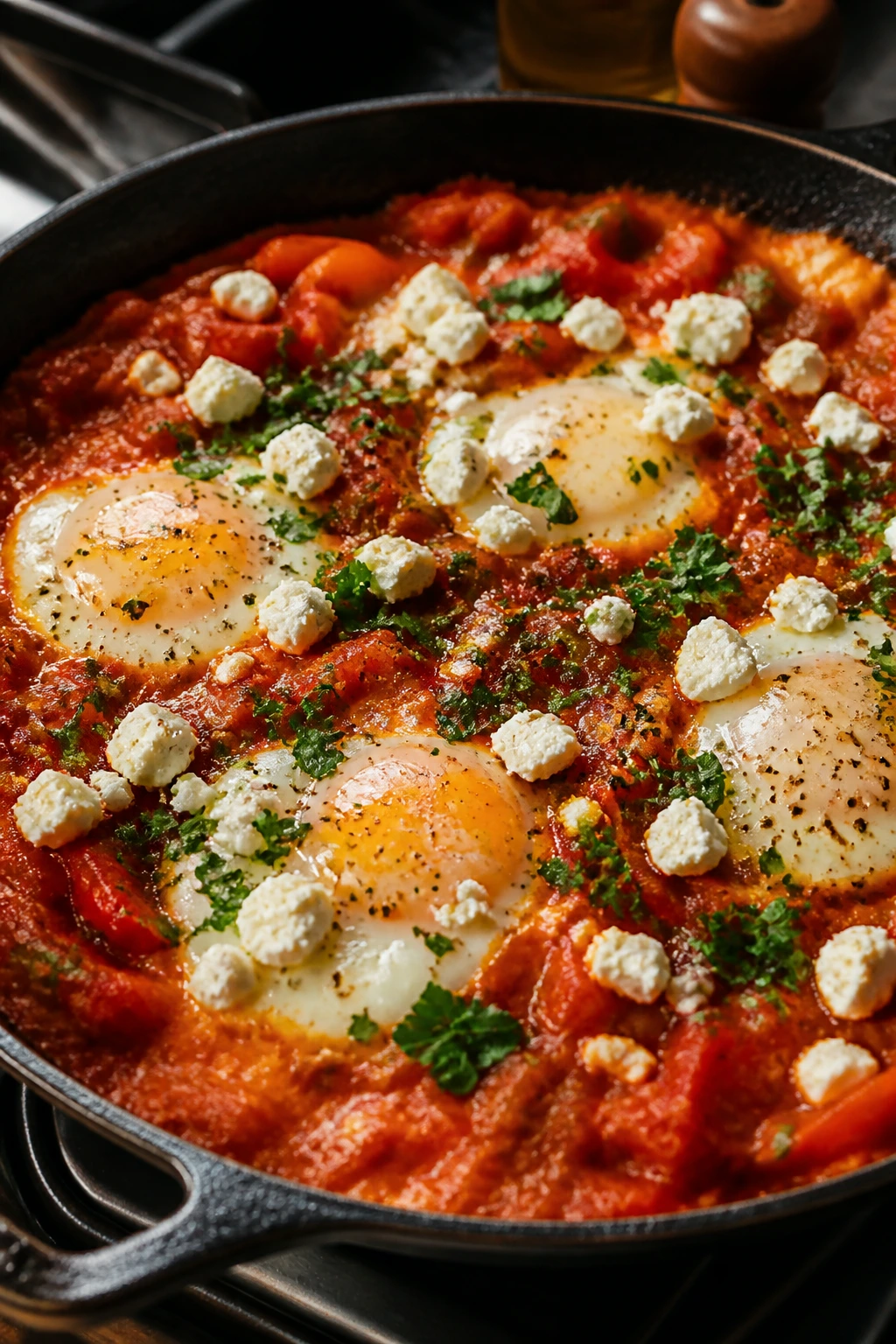 Close-up of shakshuka with poached eggs and feta in a skillet under warm kitchen light