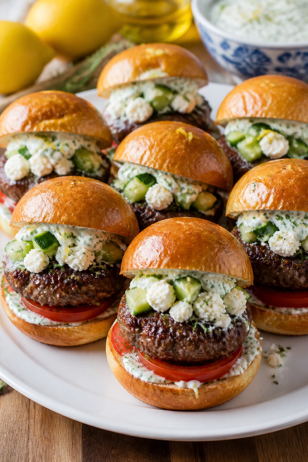 Greek feta sliders with cucumber yogurt sauce.