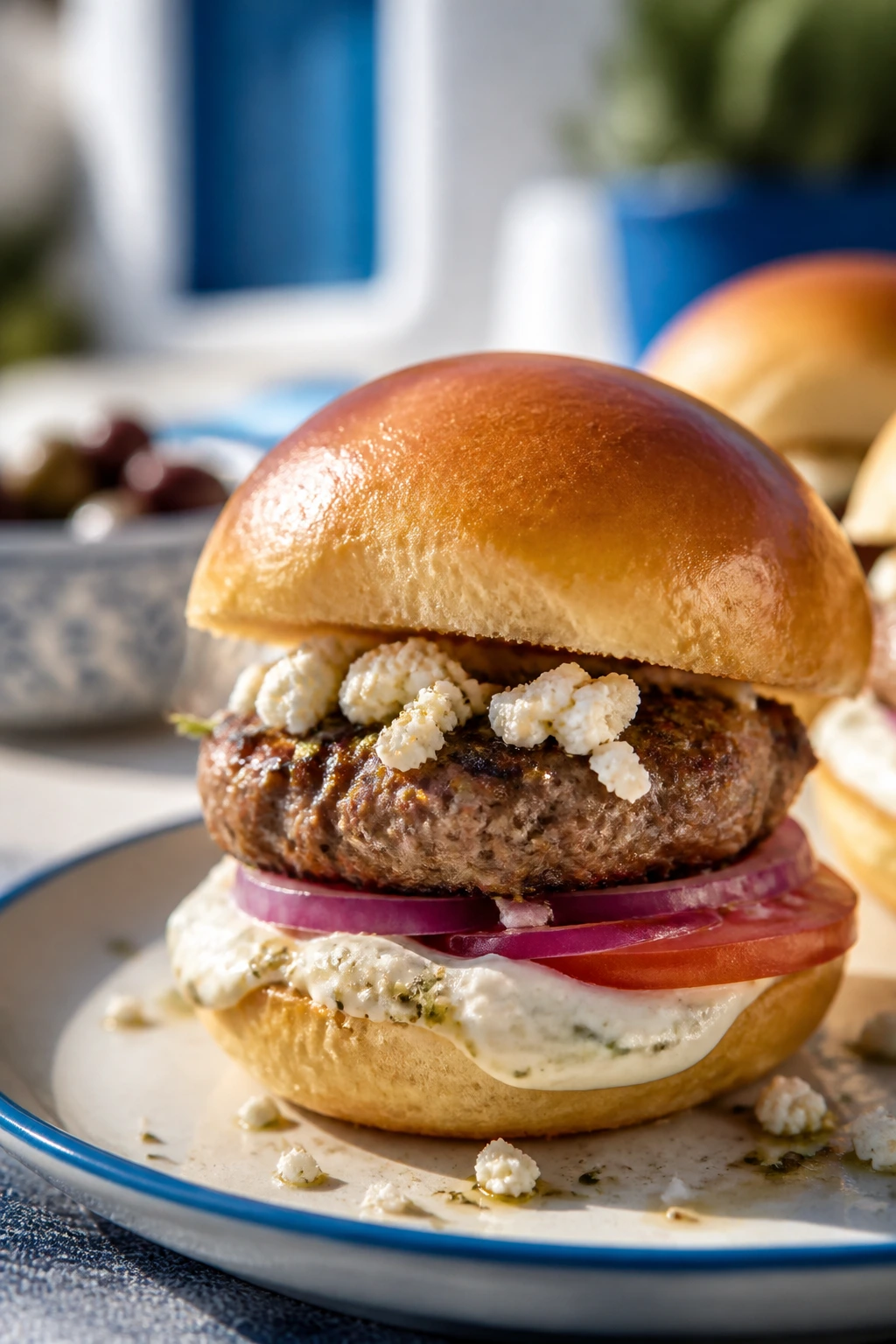 Close-up of a feta-topped Mediterranean slider burger on a plate.