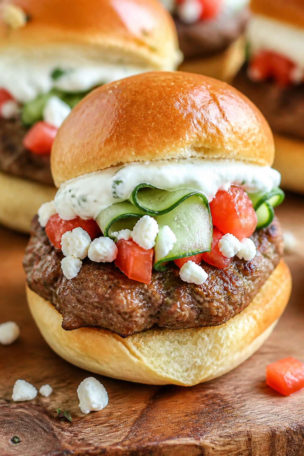 Close-up of a feta-topped Mediterranean slider with cucumber and tomatoes