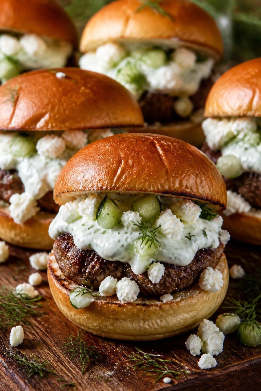 Close-up of Greek feta tzatziki sliders on a rustic board