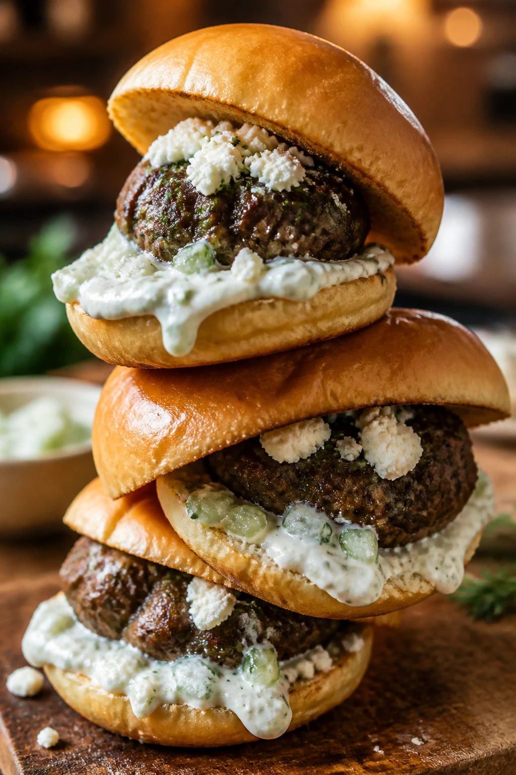 Close-up of Greek feta and tzatziki meatball sliders on a rustic board