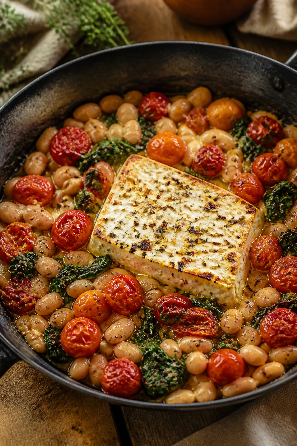 Skillet with feta, tomatoes, and spinach in a warm kitchen