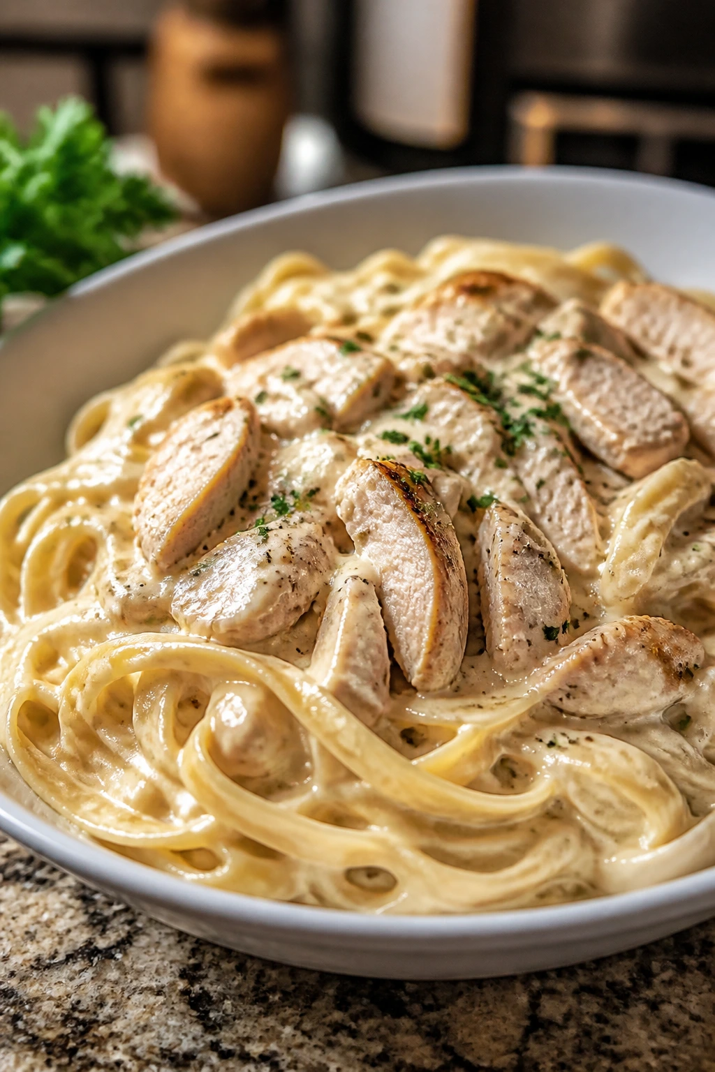 Close-up of creamy chicken Alfredo pasta on a plate
