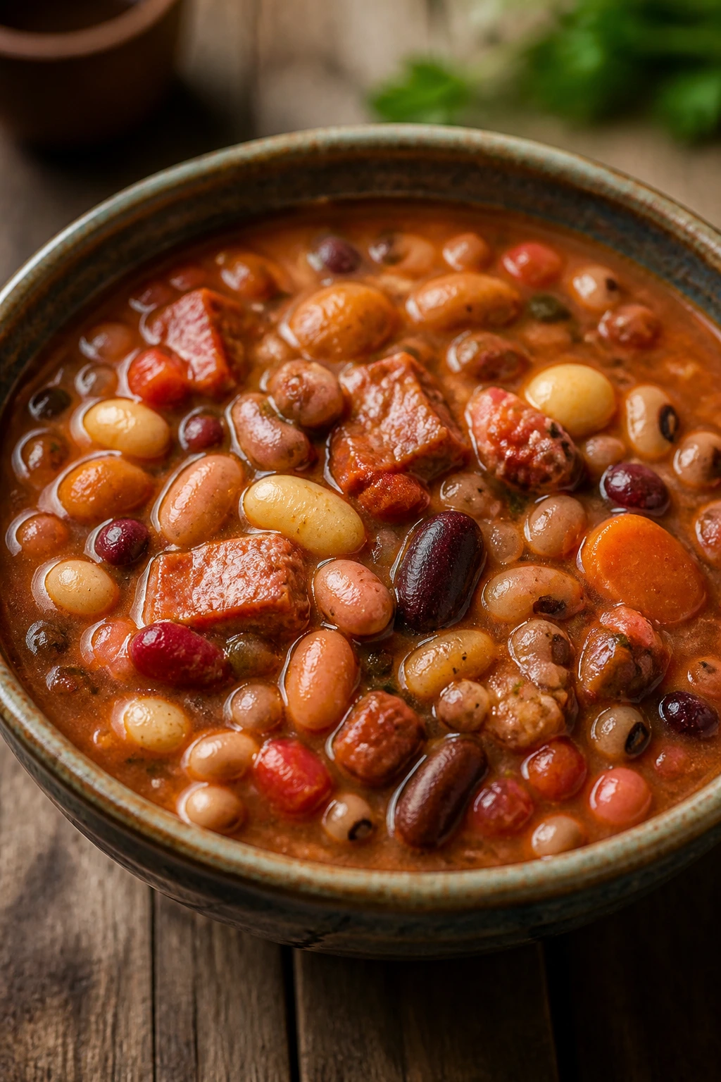 Close-up of Fifteen-Bean Smoky Soup in a rustic bowl