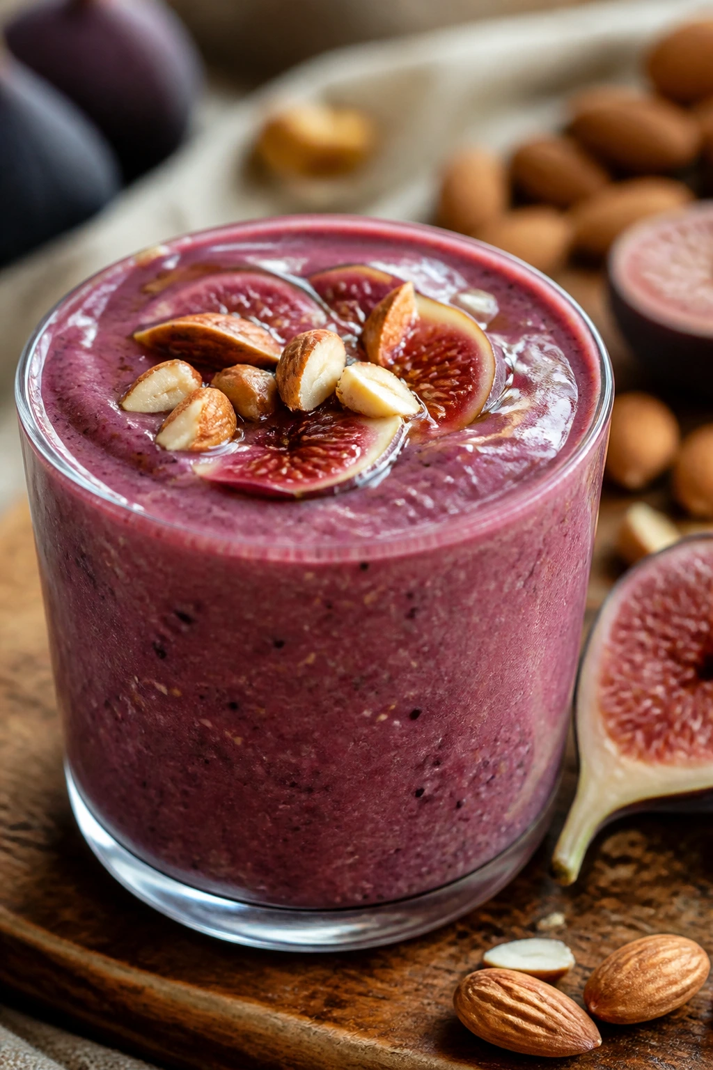 Fig almond honey smoothie in a glass on a wooden surface
