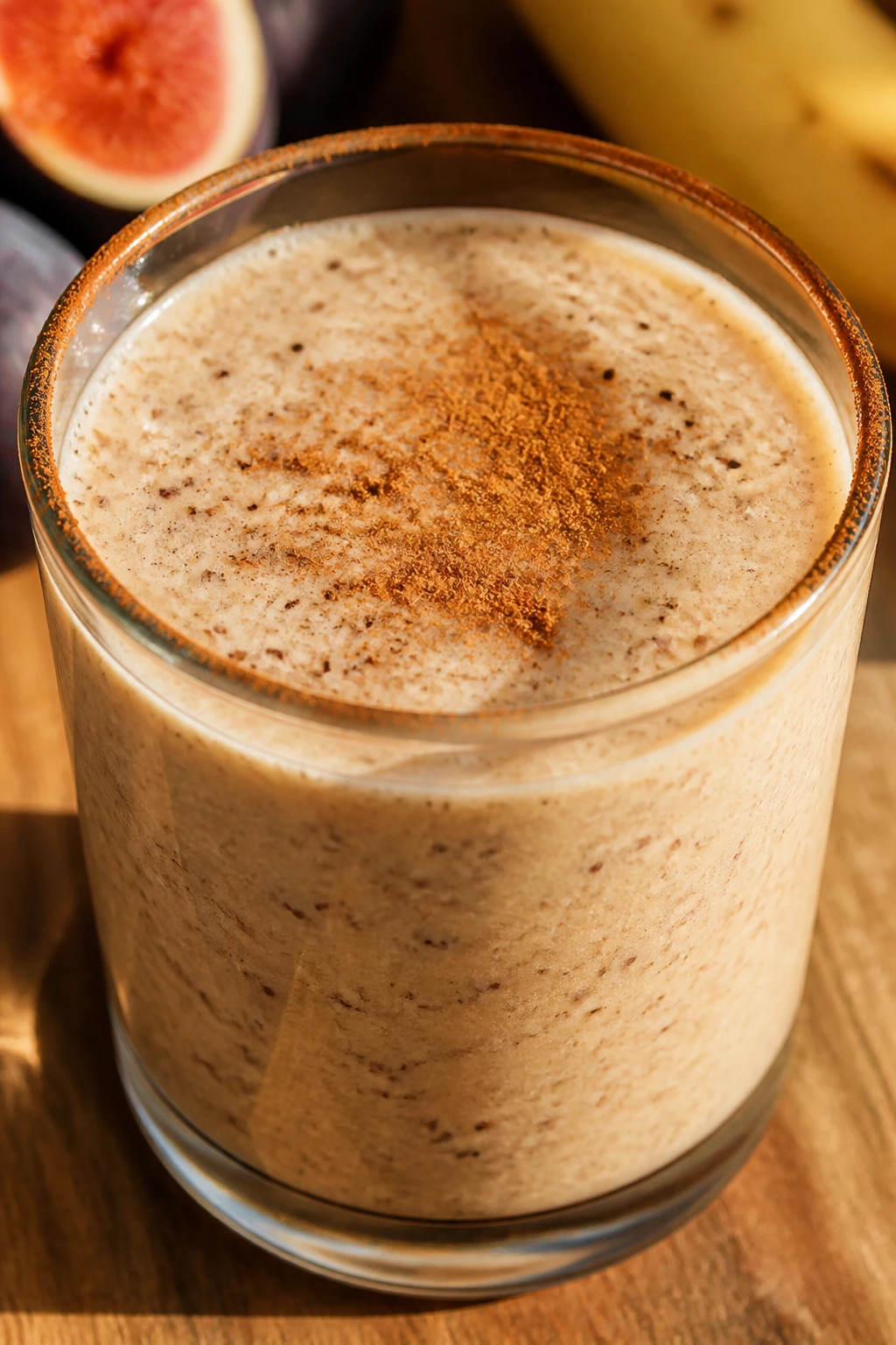 Fig banana smoothie in a glass with cinnamon on rim